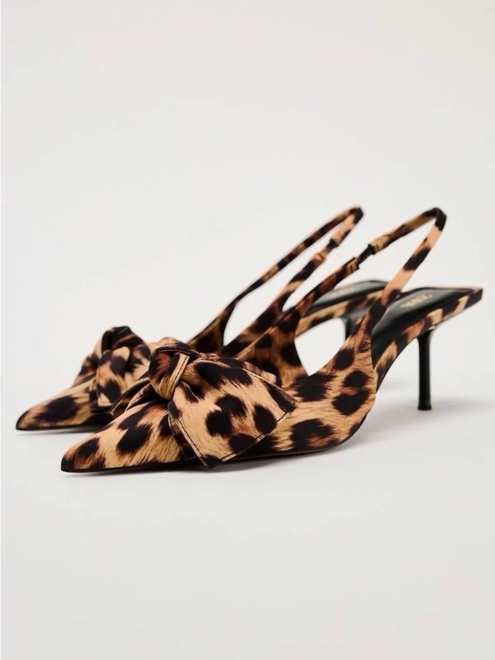 ZARA Leopard Print Bow Detail Pointed Toe Sling Back Kitten Heels